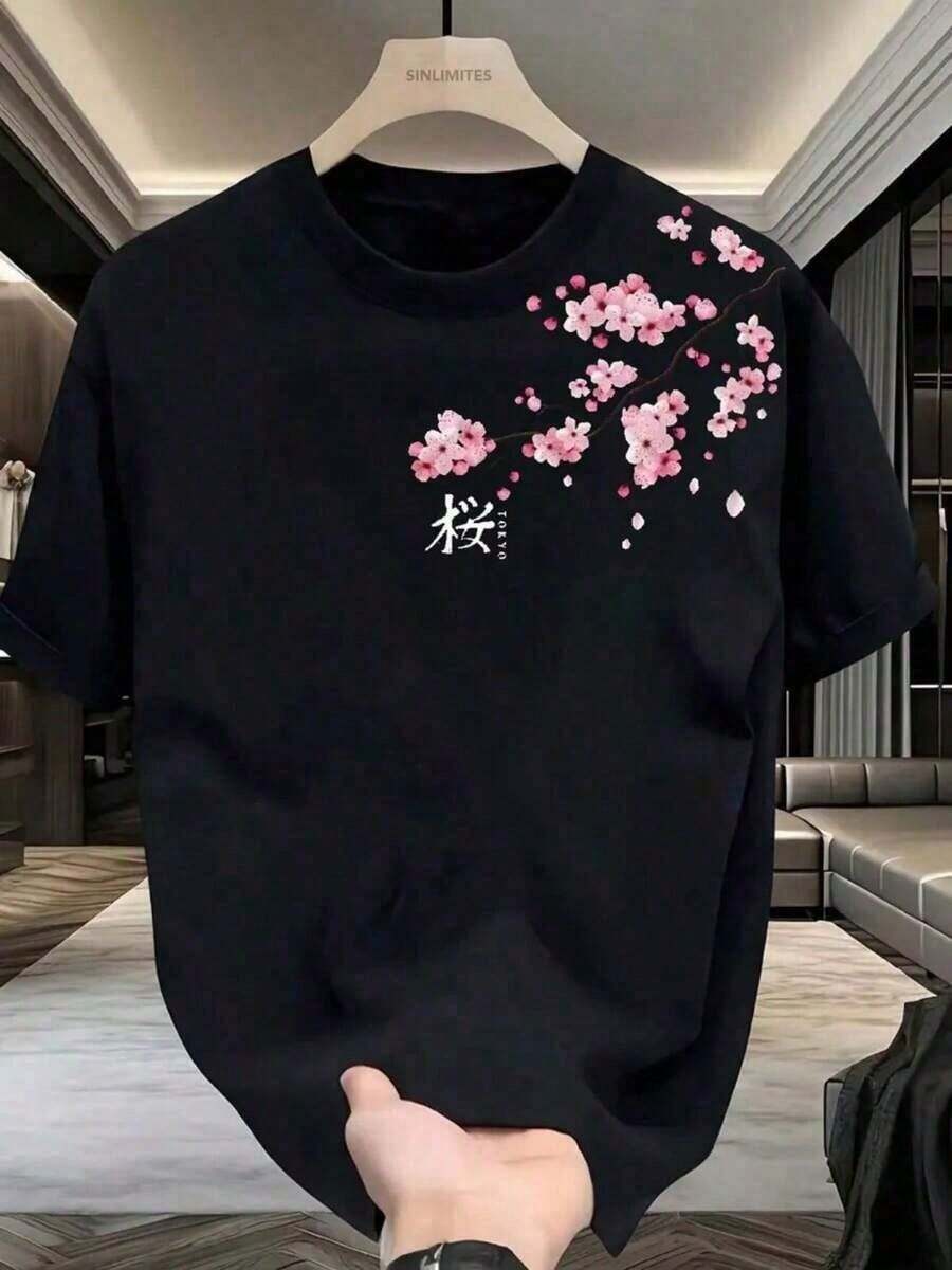 Men's Black Short-Sleeved T-Shirt With Anime Cherry Blossom Print, Casual Round Neck, Fitted Fabric, Comfortable For Everyday Wear, Suitable For Christmas, Easter, Halloween, Thanksgiving Gifts. - 白色 - 查看 1