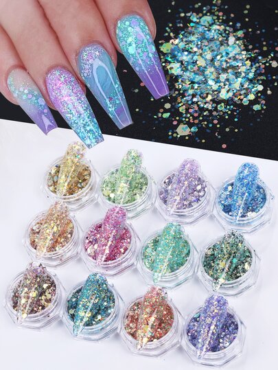 12 Boxes Mermaid Nail Art Glitter Sequins Nail Powder Hexagon Glitter Flakes Holographic Iridescent Flakes Powder Manicure Decoration DIY Nail Charms Nail Supplies For Home Professional Salon
