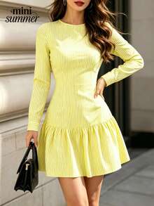 minisummer Women's Elegant Yellow Striped Long Sleeve Mini Dress, Round Neck Ruffle Trim Fitted Lightweight Suitable For Vacation, Beach, Daily Wear - Yellow - View 5