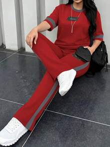 女款新款圓領短袖T恤與彈性腰鬆緊長褲2件套，休閒日常穿著，春秋優雅夏季 - 紅色32+灰231 - 查看 8