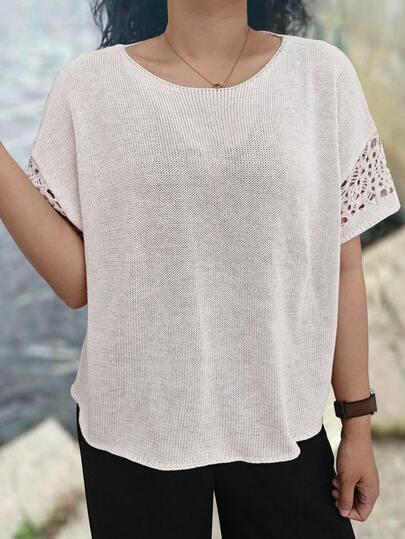 Plus Size Solid Color Casual Hollow Out Knit Round Neck Short Sleeve Top Summer