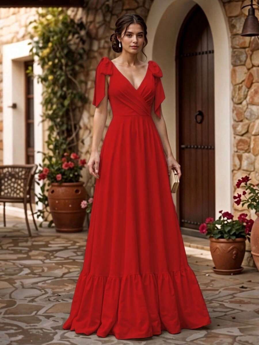 Vestido Largo Escote en V Espalda Descubierta para Mujer - Rojo - Ver 1