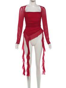 YeonC Mesh Long Sleeve Square Neck Fitted Tassel Patchwork Solid Color Versatile Blouse - Burgundy - View 12