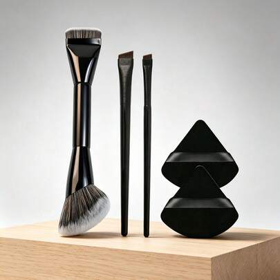 5件套专业化妆刷套装，包含1支双头粉底高光刷、2支眼影刷、2个化妆海绵，精准的面部化妆工具，日常妆容必备，旅行化妆好帮手，最适合化妆新手，母亲节礼物，赠品