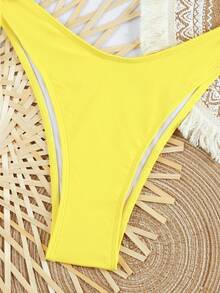 Conjunto de traje de baño de lujo con top de halter amarillo brillante y falda con lazo para playa y resort - Amarillo - Ver 7