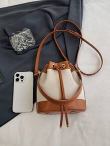 Bolso de cubo para mujer, bolso de hombro cruzado casual de paja con cordón - Marrón - Ver 8