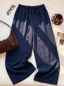 Navy Blue Elastic Waist Drawstring Casual Pants, Women's Lightweight Breathable Loose Flowy Wide Leg Trousers For Summer - Navy Blue - View 4
