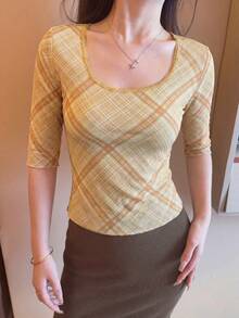 Retro American Style Mesh Plaid Square Collar Cropped Short Sleeve Top, Slim Fit & Sexy For Summer Spring - Khaki - View 5