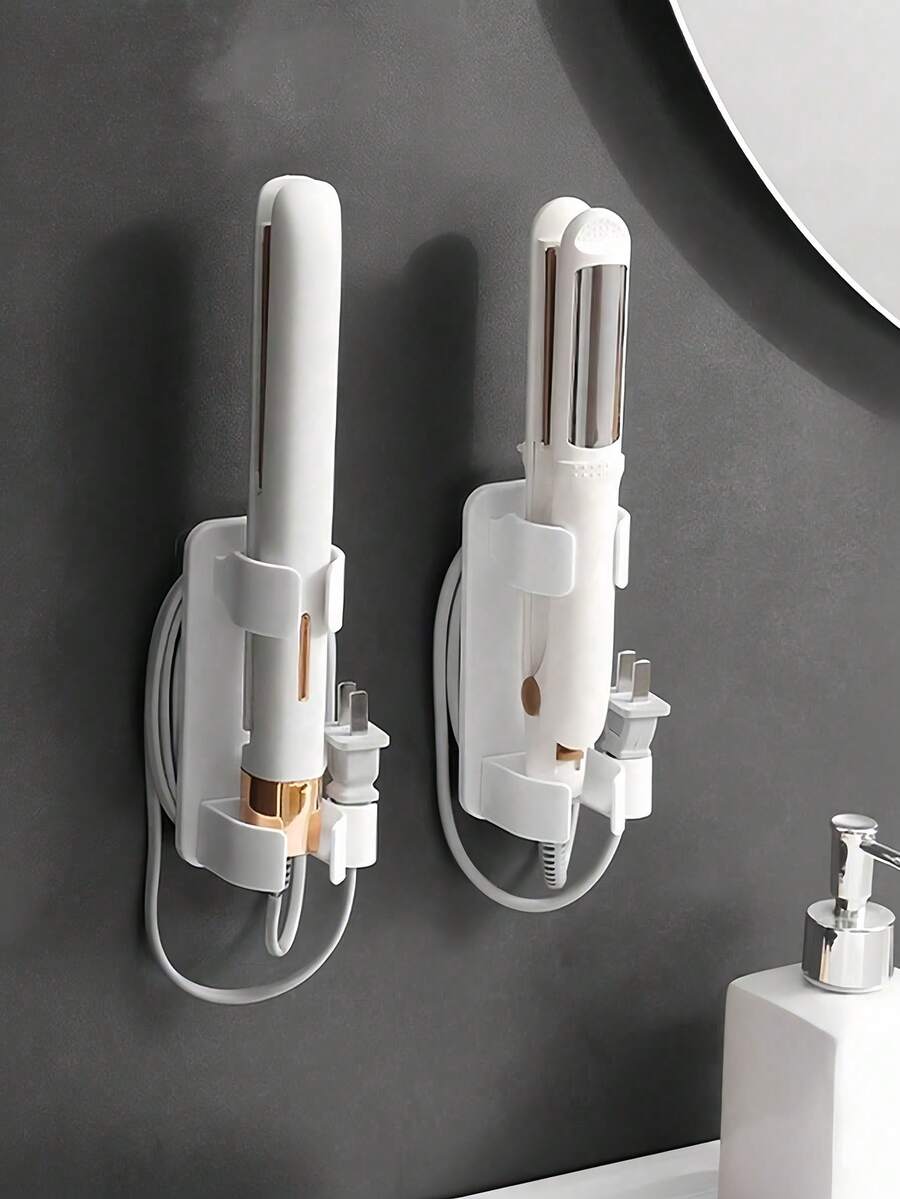 Estante de almacenamiento montado en la pared para herramientas de belleza, organizador colgante de plástico multifuncional adecuado para tenacillas, secadores de pelo, cepillos de dientes eléctricos, sin instalación de perforación, accesorios de baño