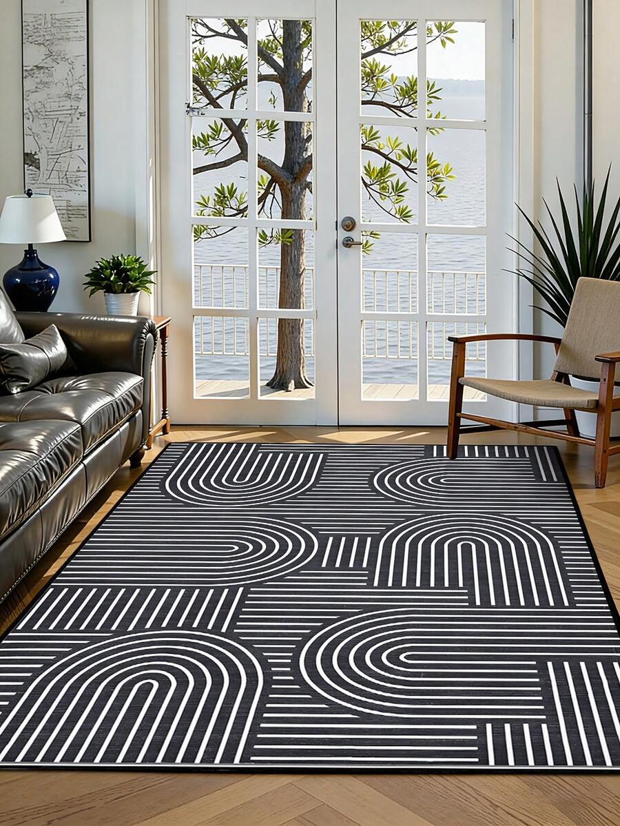 1pc Geometric Textured Pattern Rug, Black White Gray Printed Polyester Rectangular Easy Care Washable Area Carpet, Suitable For Living Room, Hallway, Bedside, Living Space, Bedroom, Office, Kitchen, Farmhouse Home Decor - Multicolor - View 1