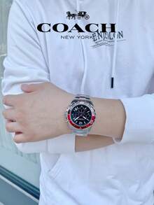 Coach Kent Series Men's Quartz Watch, Silver Tone Case Red Bezel Silver Stainless Steel Band Black Dial - 銀色 - 查看 2