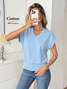Camiseta casual de mujer de unicolor con cuello en V, mangas cortas tipo murciélago, para usar con vaqueros - Celeste - Ver 6