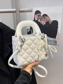 Rhombus Pattern Mini Tote Bag With Pearl Bow Decor, Elegant Small Women Handbag With Shoulder Strap For Crossbody Wear - White - View 9