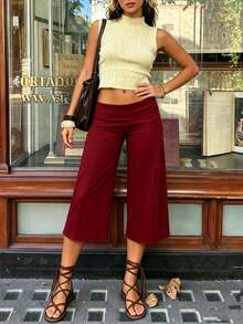 Y2K Low-Rise Fold-Over Waist Wide-Leg Capri Pants, Vintage Knit Culotte Pants, Casual Streetwear Loungewear For Women - 酒紅色 - 查看 4