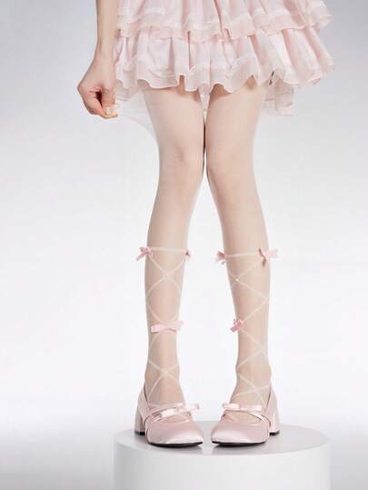 1双芭蕾舞风格蝴蝶结透明丝袜，可爱洛丽塔粉白装饰连裤袜，适合日常穿着