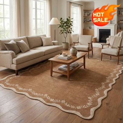 Crystal Velvet Brown Scalloped Floral Indoor Outdoor Area Rug, Multiple Sizes Available, Washable Non-Shedding Waterproof Easy Clean Soft Cozy Carpet, Bohemian Farmhouse Style Anti-UV Anti-Slip Floor Mat, Suitable For Patio Deck Porch Balcony Garden Yard RV Living Room Bedroom Bathroom Kitchen Dining Room Corridor Entry Door, Tappeto Da Esterno Giardino Esterni Arredo Tappeto Soggiorno Tappeto Camera Letto Esterno Terrazza Zerbino Fuori Porta Garden Decor Rug