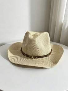 1 Wide Brim Straw Hat, Sun Protection Western Cowboy Hat/Cowboy Hat, Summer Beach Sun Protection Rope Hat, Portable Folding Design,Holiday,Travel - Straw Hat With Five-pointed Star Decoration - View 7