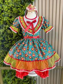 Children's Junina Caipira Arraiá Dress, Green, Floral, Colorful, Girl's Junina Costume - 綠色 - 查看 1
