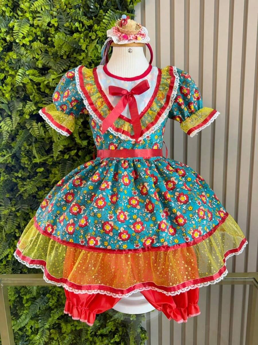 Children's Junina Caipira Arraiá Dress, Green, Floral, Colorful, Girl's Junina Costume - 綠色 - 查看 1