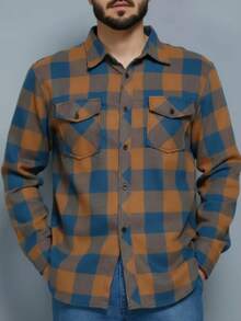 Men's Flannel Plaid Shirt With Pockets, Long Sleeves - Brown and Blue - View 2