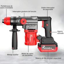 Taladro de Impacto Inalámbrico Industrial Pointekx: Sistema Profesional SDS con Estuche Rigido y Accesorios para Construccion Pesada - Rojo - Ver 2