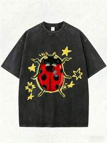 Washed Black Unisex Tee, Star & Ladybug Print, Vintage Distressed Style, Premium Fabric, Summer Graphic Top, Ideal For Daily Wear & Holiday Gifts - 黑色 - 查看 7