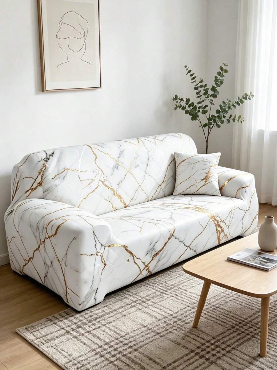 1 件印花经典沙发套和 1 个配套枕套，现代简约风格，弹性透气涤纶全包覆式沙发套，适用于客厅，四季皆宜 - 彩色 - 查看 1