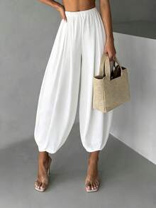 Women Harem Pants Elastic High Waist Loose Casual Wide Leg Tapered Ankle Pants Lightweight Lounge Pants - 白色 - 查看 1