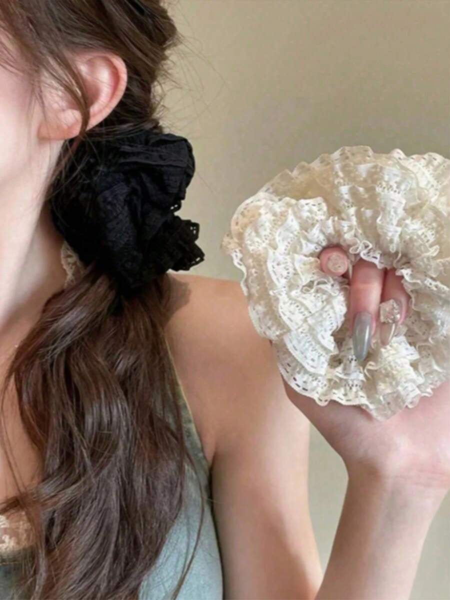 2pcs/1pc Elegant Lace Hollow Sausage Shaped Hair Accessories, Crispy Texture, Black And White, Multifunctional, Silky Smooth, Floral Pattern Decor, Soft And Durable, Suitable For Women. It Can Be Used As Hair Clips, Hair Ties, Ponytail Holders, Headbands. Great Gift For Mom Or Girlfriend.,Beach,Travel - Multicolor - View 1