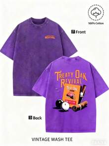 Men'S Bold "TREATY OAK REVIVAL" Print T-Shirt, Casual Round Neck Short Sleeve, 230g Washed Cotton, Summer High Quality Casual Sportswear, Comfortable And Breathable, Machine WashableNew Unisex T-Shirt - Màu tím - Xem 13