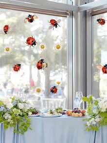 1pc 2D Printed Ladybug & Daisy Decorative Window Sticker, Creative Self-Adhesive Removable Double-Sided Transparent PVC Glass Decal For Living Room, Bedroom, Door And Window - D - View 4