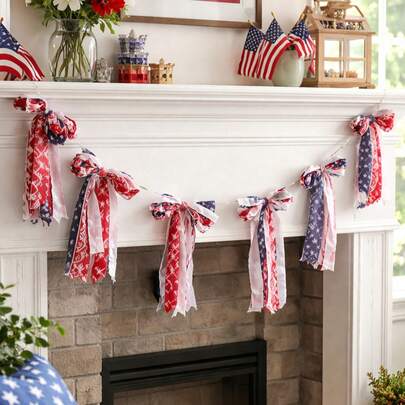 1pc Red White Blue Bandana Pattern Patriotic Tassel Banner Vintage Farmhouse Style Independence Day Hanging Garland Rustic Boho Style Fabric Strip Knot Design Star Accent Detail Festive Fourth Of July Decoration USA Party Bunting For Memorial Day Celebration Home Living Room Wall Fireplace Mantel Porch Entryway Indoor Outdoor Party Backdrop Photo Prop
