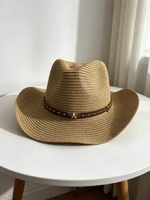 1 Wide Brim Straw Hat, Sun Protection Western Cowboy Hat/Cowboy Hat, Summer Beach Sun Protection Rope Hat, Portable Folding Design,Holiday,Travel - Straw Hat With Five-pointed Star Decoration - View 5