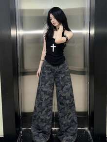 Quần jeans ống rộng cạp cao in họa tiết rằn ri, kiểu dáng rộng rãi thoải mái, phong cách đường phố. - Xám - Xem 4