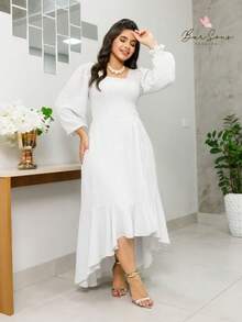 Boho Chic Mullet Midi Dress With Long Princess Sleeves, Square Neckline, Tailored, Elegant, Christian Evangelical Fashion, Modest Fashion REF: Angela - 白色 - 查看 1