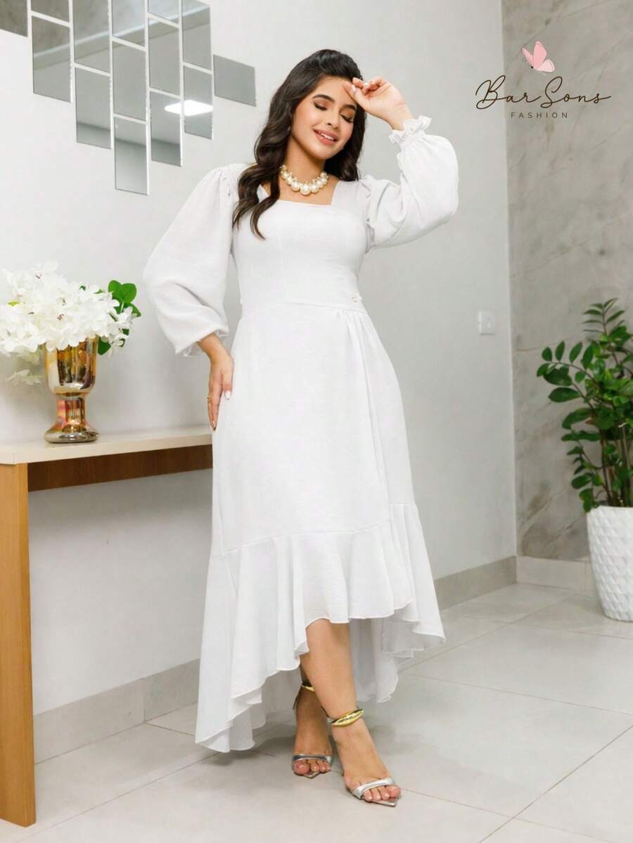 Boho Chic Mullet Midi Dress With Long Princess Sleeves, Square Neckline, Tailored, Elegant, Christian Evangelical Fashion, Modest Fashion REF: Angela - 白色 - 查看 1