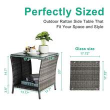 Small Garden Table, Rattan Patio Table With Glass Top & Shelf Under, Weatherproof For Indoor Outdoor, 46x46x50cm Brown - 灰色 - 查看 3