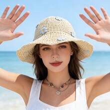 1-Piece Travel Aesthetic Movie-Style Floral Fisherman Hat, Women's Foldable Straw Hat, Suitable For Beach Vacations, Summer Hollow-Out Sun Protection Hat, Outdoor Photo Prop, Portable Sun Hat - Light Brown - View 3