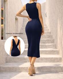Women's Midi Dress In Premium Tailored Fabric With An Elegant Side Slit. - Màu xanh hải quân - Xem 2