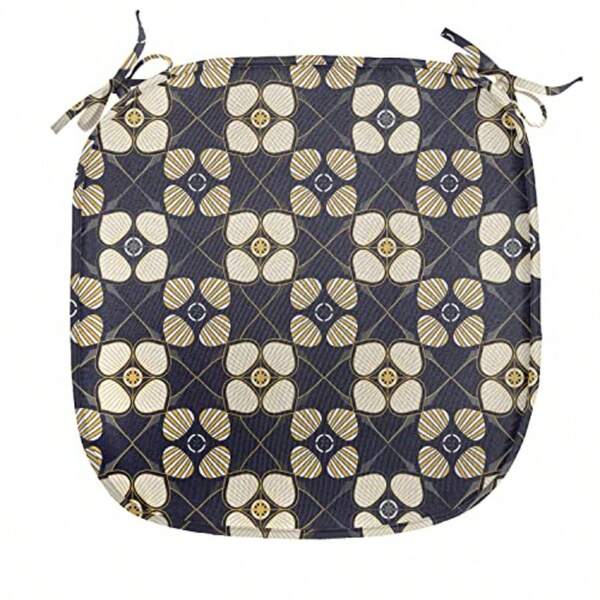 Chair Seating Cushion Mosaic Style Cultural Themed Ornaments Flower Details Vintage Art Anti-Slip Seat Padding For Kitchen And Patio 16"X16" Dark Blue Mustard And White