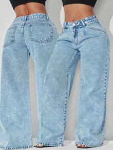低腰阔腿休闲蓝色斜插口袋弧形女式牛仔裤 春季 - 藍色 - 查看 1