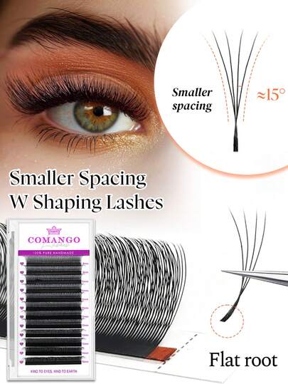 CoMango 12 Rows C-Curl Narrow Spacing 4D Lashes, 4D W-Shape Natural Soft Fanned Out Volumizing & Lengthening Lashes