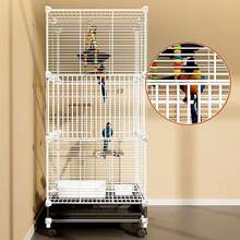 49.2in Tall Wrought Iron Bird Cage Parrot Cage, 3-Tier Movable Birdcage Parakeet Cage W/Wheels, 360° View Spacious Interactive Bird House Pet Bird Flight Cage For Medium&Small Birds (White, Black) - M - View 4