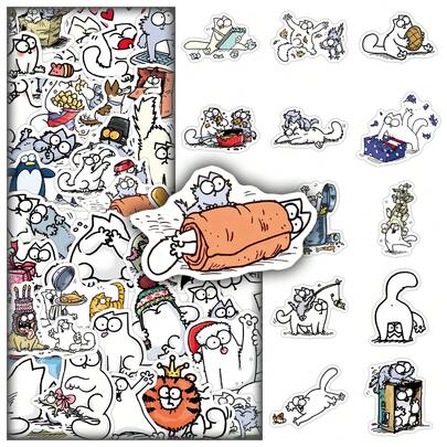 50张卡通西蒙猫可爱贴纸，趣味装饰贴纸，可用于笔记本、镜子等。