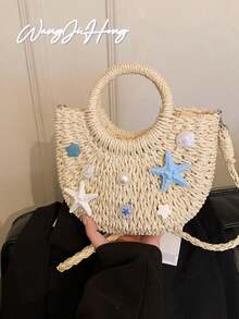 Straw Woven Beach Bag Starfish Shell Decor Round Handle Handbag Crossbody Vacation Tote Purse - White - View 2