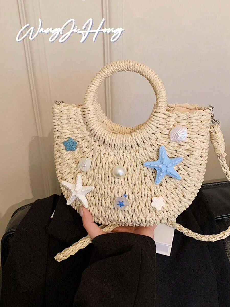 Straw Woven Beach Bag Starfish Shell Decor Round Handle Handbag Crossbody Vacation Tote Purse