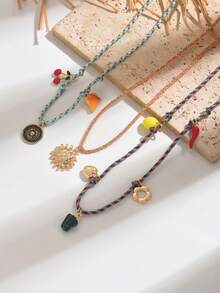 Bộ 3 dây chuyền bện nhiều lớp phong cách Bohemian với mặt dây chuyền hình hoa hướng dương, trái cây, ớt, trang sức thường ngày cho nữ mùa hè, đi biển. - Nhiều màu - Xem 3
