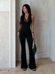 Bộ jumpsuit nữ cổ chữ V viền ren, trang phục công sở, mùa hè, màu đen, áo liền quần hàng ngày, jumpsuit thanh lịch, phù hợp cho các buổi hẹn hò, đi chơi, dự tiệc, trang phục ngoài trời. - màu đen - Xem 2