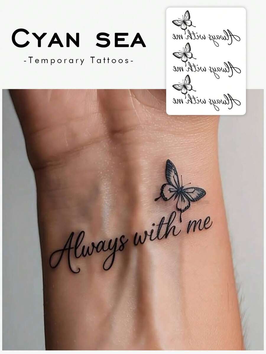 1pc Sticker, Line Butterfly, 'Always With Me' In English, Temporary Tattoo Sticker, Suitable For Arms, Abdomen Non-Reflective, Realistic Tattoo, Suitable For People, Daily Use, Lasts3-5Days - Black - View 1