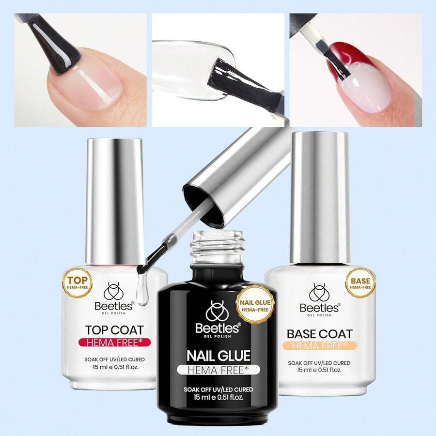 Beetles HEMA-Free Nail Tips Glue Kit, All-In-One Nail Extension Kit For Press On False Nails, DIY Salon Manicure At Home - 3Pcs 15Ml HEMA-free Nail Glue Base Top Coat Set - View 1